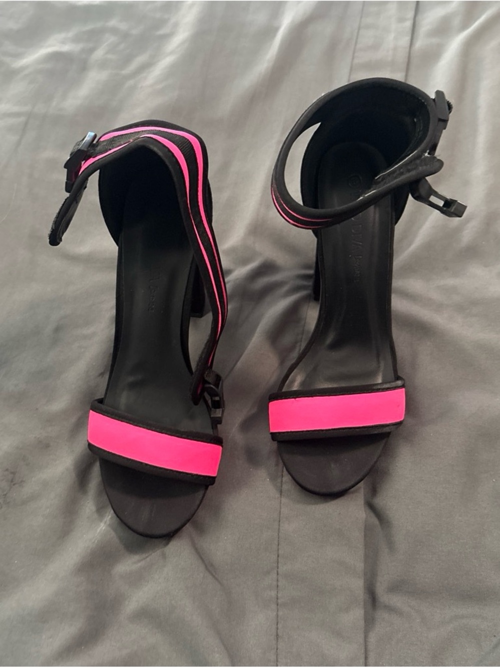Black and Hot Pink Ankle-Strap High Heel Sandals